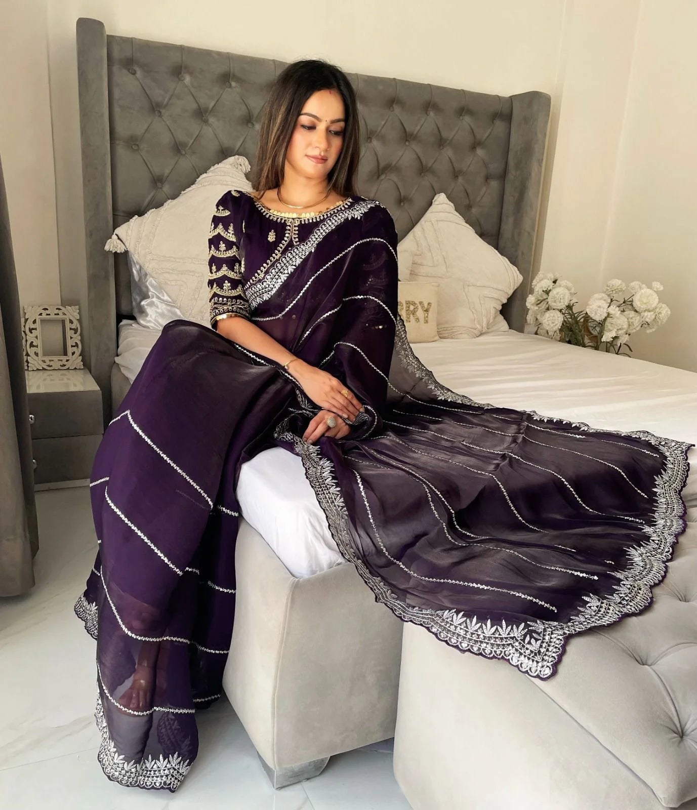 Beautiful Mirror Work Saree with Free Blouse | Premium Elegant Collection