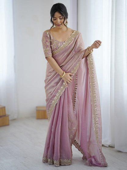 Women's Tissue Purple Embellished Designer Saree with Unstitched Blouse