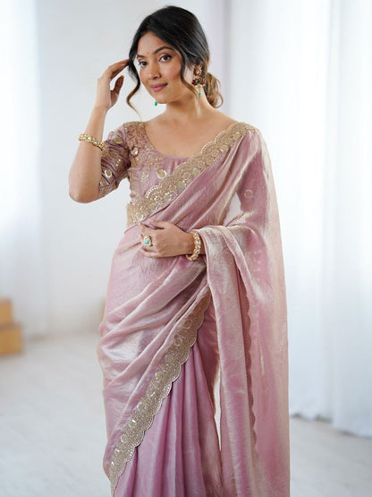 Women's Tissue Purple Embellished Designer Saree with Unstitched Blouse