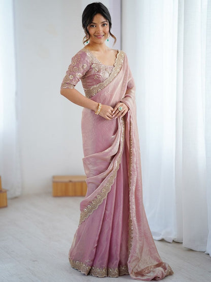Women's Tissue Purple Embellished Designer Saree with Unstitched Blouse
