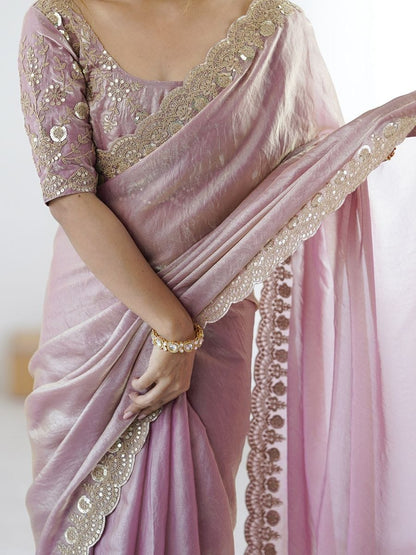 Women's Tissue Purple Embellished Designer Saree with Unstitched Blouse