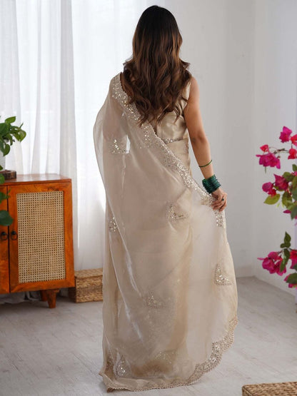 Cream Embellished Saree with Unstitched Blouse with Unstitched