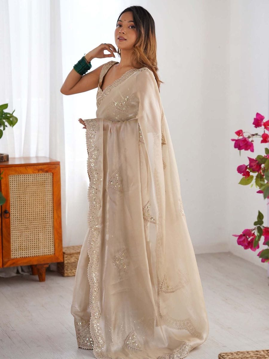 Cream Embellished Saree with Unstitched Blouse with Unstitched