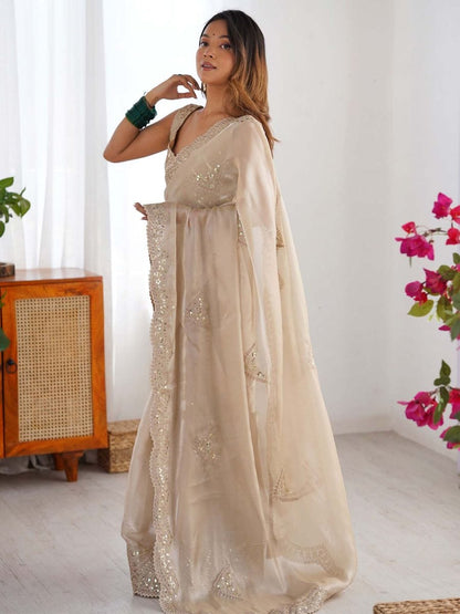 Cream Embellished Saree with Unstitched Blouse with Unstitched