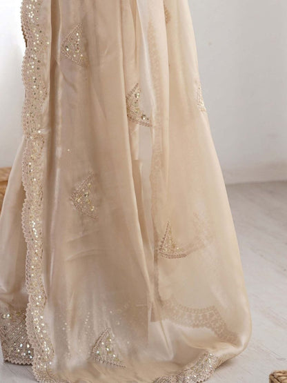 Cream Embellished Saree with Unstitched Blouse with Unstitched