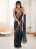 Women Tissue Navy Blue Embroidered Saree with Unstitched Blouse