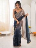 Women Tissue Navy Blue Embroidered Saree with Unstitched Blouse
