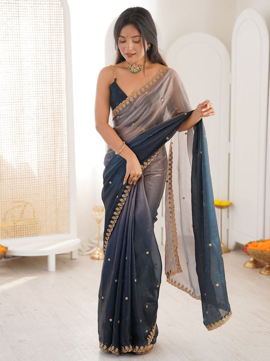 Women Tissue Navy Blue Embroidered Saree with Unstitched Blouse