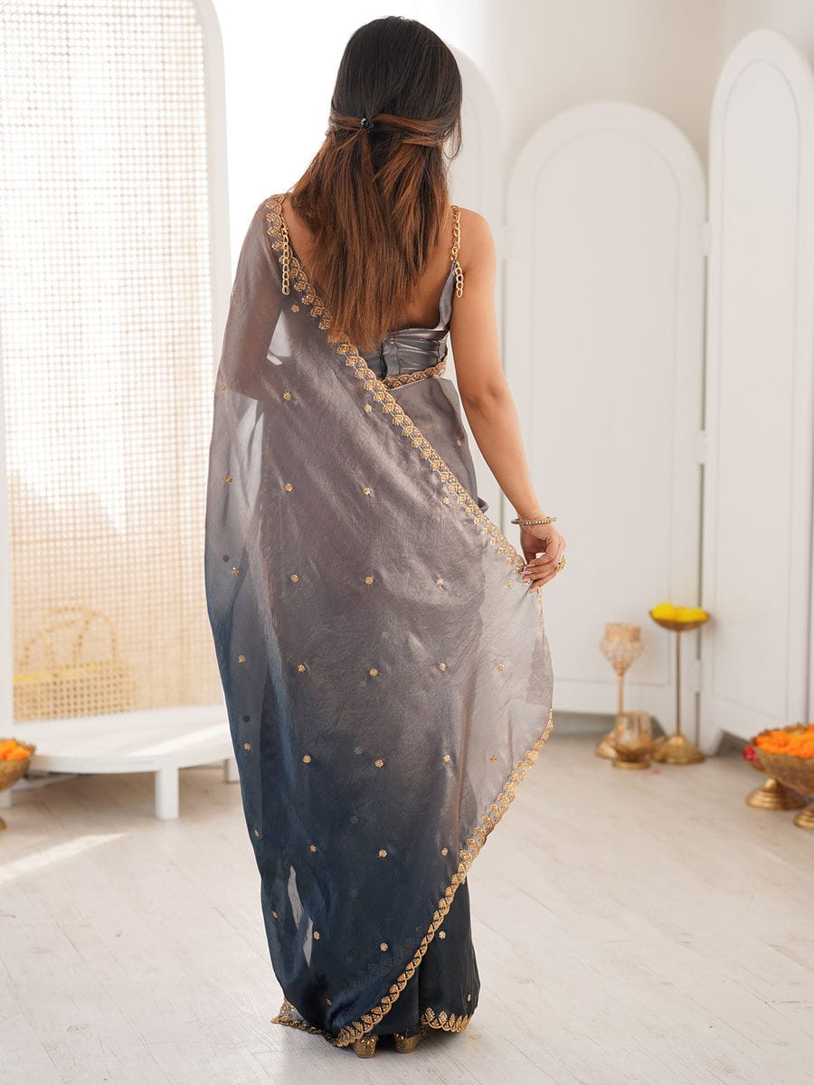 Women Tissue Navy Blue Embroidered Saree with Unstitched Blouse