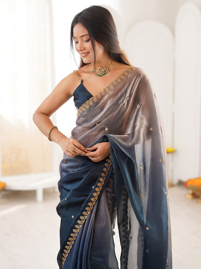 Women Tissue Navy Blue Embroidered Saree with Unstitched Blouse