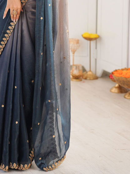 Women Tissue Navy Blue Embroidered Saree with Unstitched Blouse